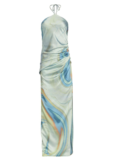 Simkhai Hansel Marble-print Halter Satin Gown In Blue