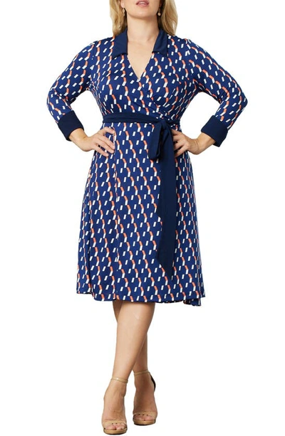 Kiyonna Sophisticate Long Sleeve Wrap Dress In Navy Geo Print