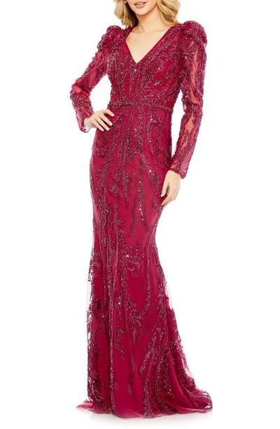 Mac Duggal Embellished Puff Sleeve V Neck Gown In Berry