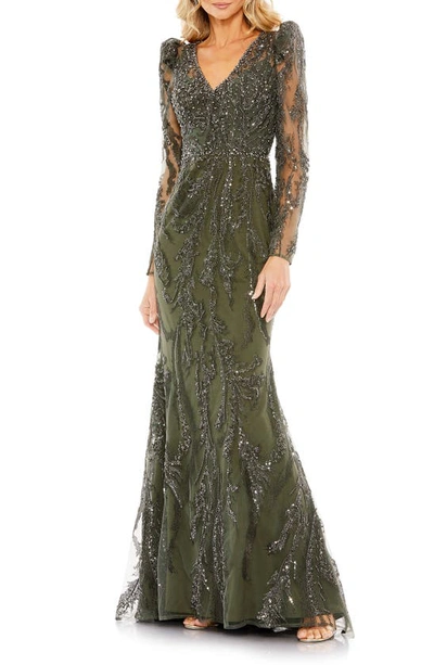 Mac Duggal Embellished Puff Sleeve V Neck Gown In Olive