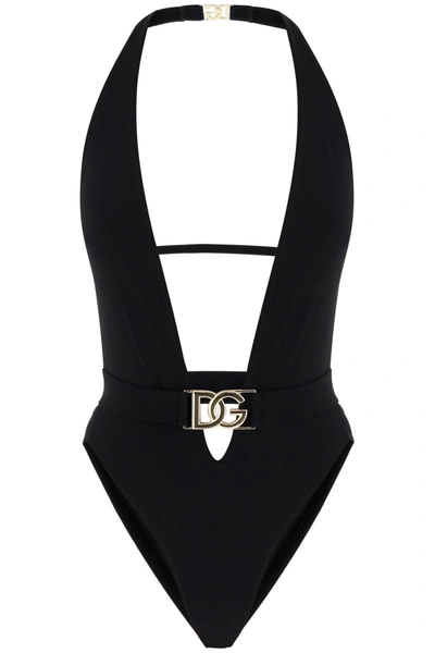 Dolce & Gabbana Plunging Neckline Belted Swimsuit In Black