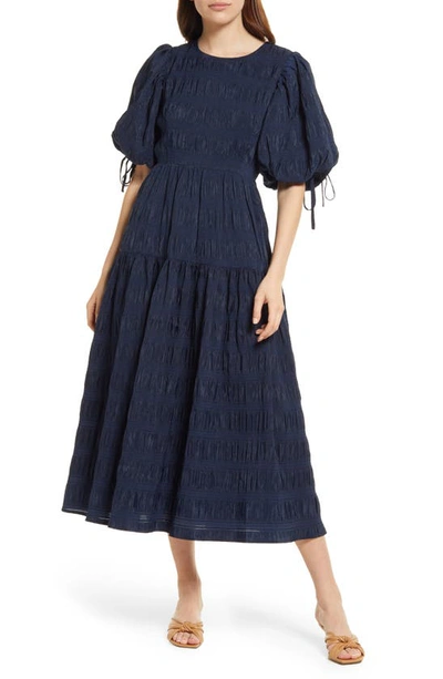 Moon River Woven Textured A-line Dress In Navy