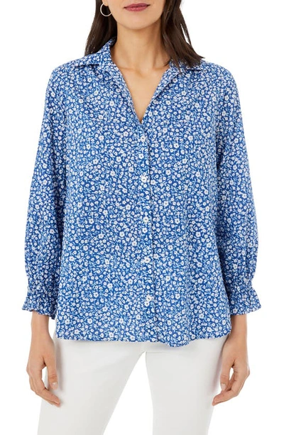 Foxcroft Caspian Floral Cotton Button-up Blouse In Blue Breeze