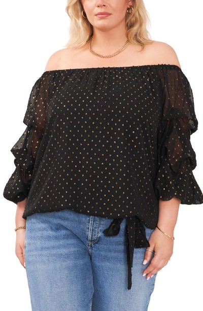 Vince Camuto Metallic Off The Shoulder Bubble Sleeve Blouse In Rich Black