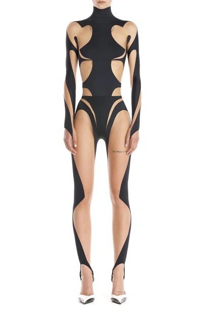 Mugler Rodeo Illusion Inset Long Sleeve Bodysuit In Black