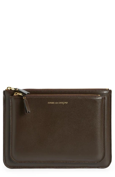 Comme Des Garçons Outside Pocket Leather Zip Pouch In Brown