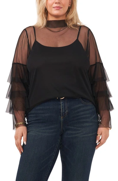 Vince Camuto Tiered Sleeve Mesh Top In Rich Black