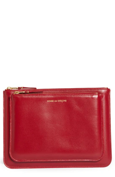 Comme Des Garçons Outside Pocket Leather Zip Pouch In Red