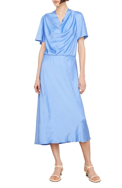 Vince Asymmetric Cowl-neck Flutter-sleeve Midi Dress In Blue