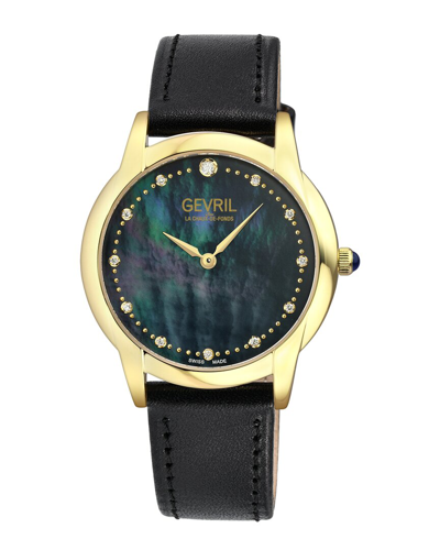 Gevril Women's Airolo Swiss Quartz Black Leather Watch 36mm In Gold