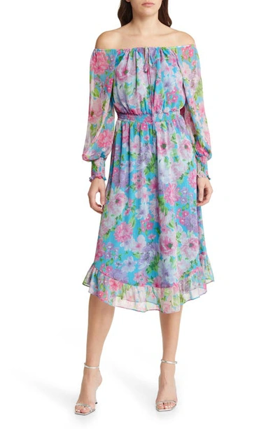 Charles Henry Floral Long Sleeve Smocked Midi Dress In Orchid Watercolor