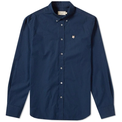 Maison Kitsuné Button Down Fox Head Poplin Shirt In Blue