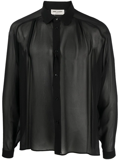 Saint Laurent Semi-sheer Long-sleeve Silk Shirt In Black