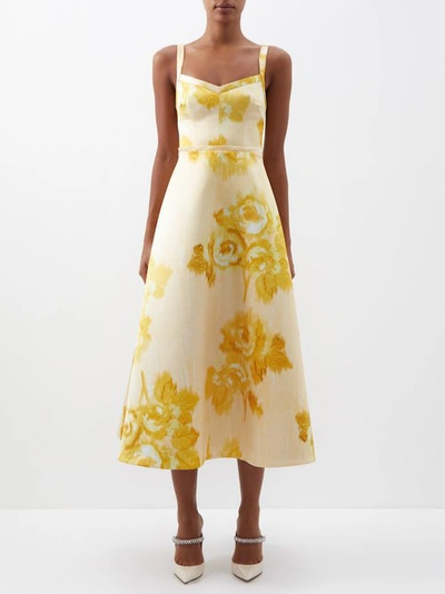Emilia Wickstead Elvite Rose-print Satin Midi Dress In Giant Moire Roses Yellow