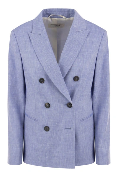 Peserico Wool And Linen Canvas Double-breasted Blazer In Light Blue