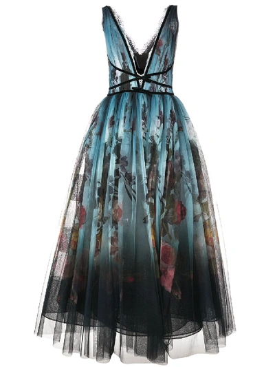 Marchesa Ombre Floral Print Tulle Tea Length Dress In Blue