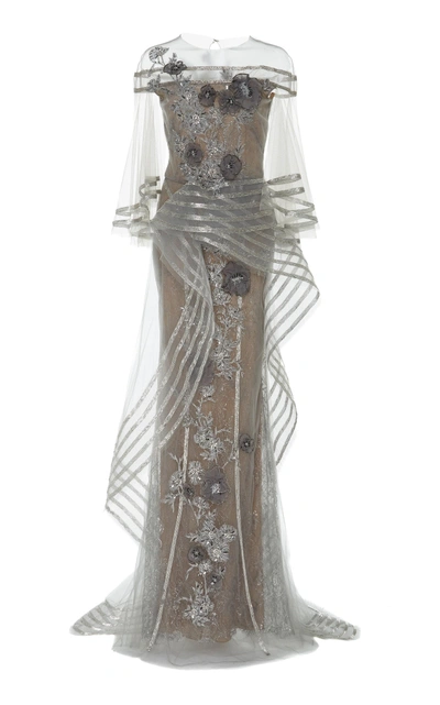 Marchesa Metallic Floral-appliqué Tulle Gown In Silver