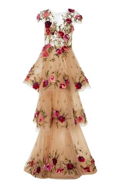 Marchesa Floral-appliquéd Tiered Tulle Gown In Neutral