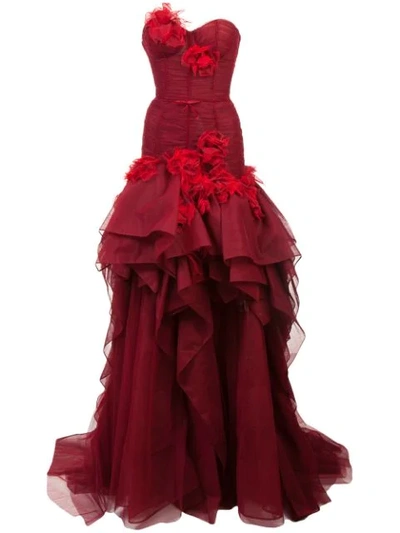Marchesa Strapless Tulle Drop Waist Gown In Red