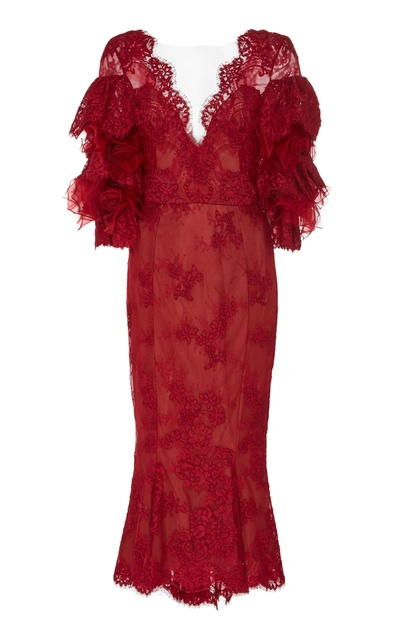Marchesa V-neck Cocktail Dress In Red