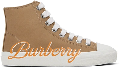 Burberry Logo Script Gabardine High-top Sneakers In Beige