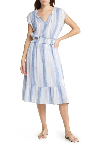 Rails Ashlyn Stripe Smocked Waist Linen Blend Dress In Blue