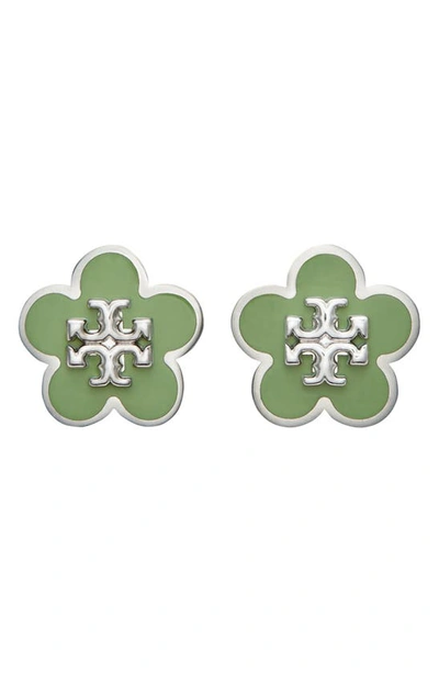 Tory Burch Flower Stud Earrings In Silver Foliage