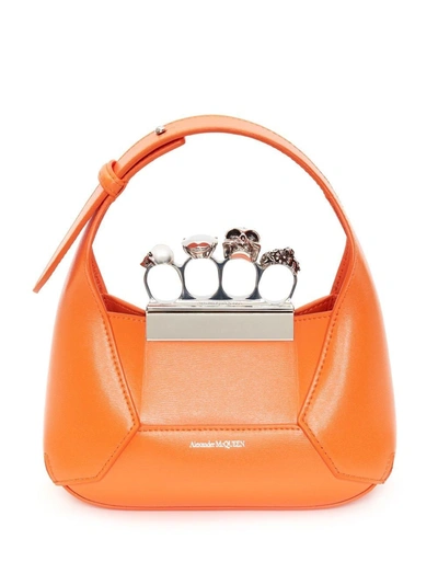 Alexander Mcqueen Mini Jewelled Hobo Leather Bag In Orange