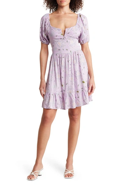 Angie Floral Puff Sleeve Skater Dress In Lavender
