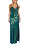 Morgan & Co. Cowl Neck Sequin Crossback Body-con Gown In Navy/ Teal