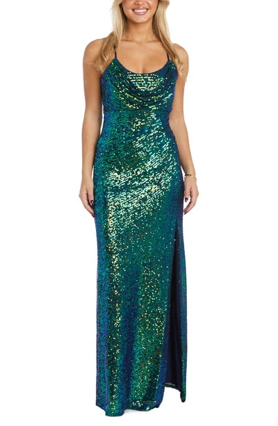 Morgan & Co. Cowl Neck Sequin Crossback Body-con Gown In Navy/ Teal