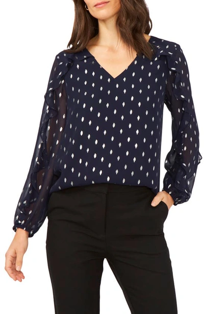 Chaus Ruffle Trim Long Sleeve Blouse In Navy/ Silver