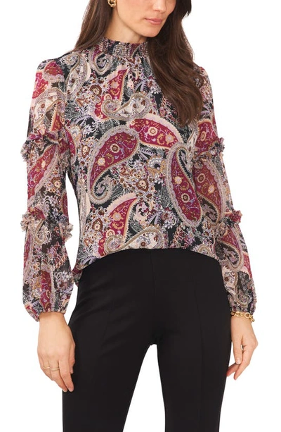 Chaus Paisley Ruffle Sleeve Mock Neck Blouse In Black Plum