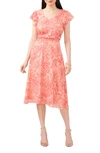 Chaus Floral Metallic Smocked Waist Midi Dress In Peach/ Rose/ Yellow