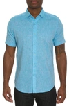 Robert Graham Bennett Slub Short Sleeve Linen & Cotton Button-up Shirt In Teal