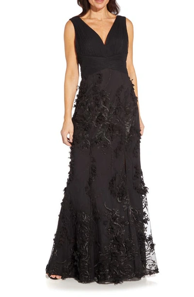 Aidan Mattox By Adrianna Papell Embroidered Mesh Trumpet Gown In Black