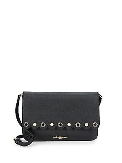 Karl Lagerfeld Scalloped Faux Pearl Leather Crossbody Bag In Black Gold