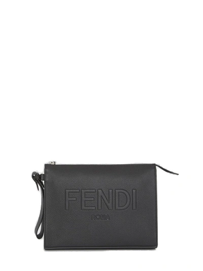 Fendi Logo Embossed Zipped Pouch In Black | ModeSens