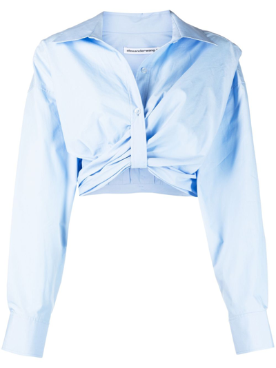 Alexander Wang Draped Cropped Shirt With Placket Detail In Chambray Blue