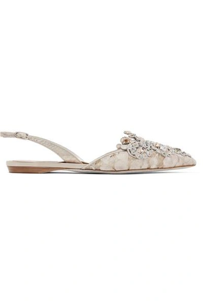 René Caovilla Crystal-embellished Lace And Ayers Point-toe Flats In Beige