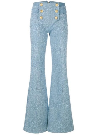 Balmain 6 Button Flocked Wide Leg Jeans In Blue