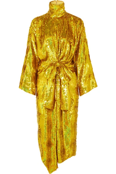 Gucci Long-sleeve High-neck Silk Georgette Super-shine Embroidered Dress In Yellow Metallic