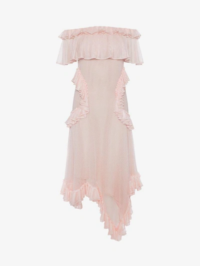 Alexander Mcqueen Off The Shoulder Lace Knit Ruffle Mini Dress In Rose/pink