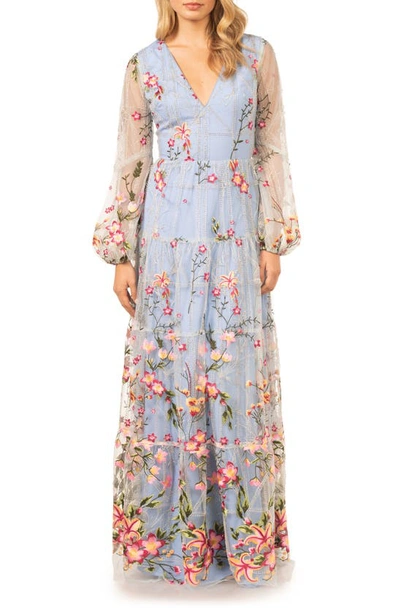 Dress The Population Lyra Floral Embroidery Long Sleeve Tulle Gown In Sky Multi