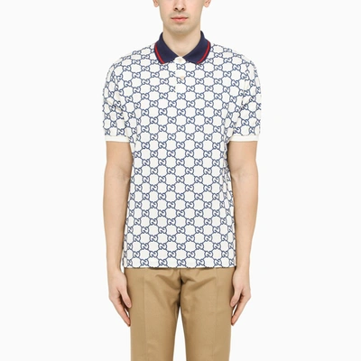 Gucci White And Blue Stretch Gg Polo T-shirt