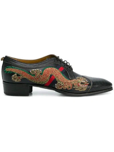 Gucci Dragon-embroidered Lace-up Shoes In Black