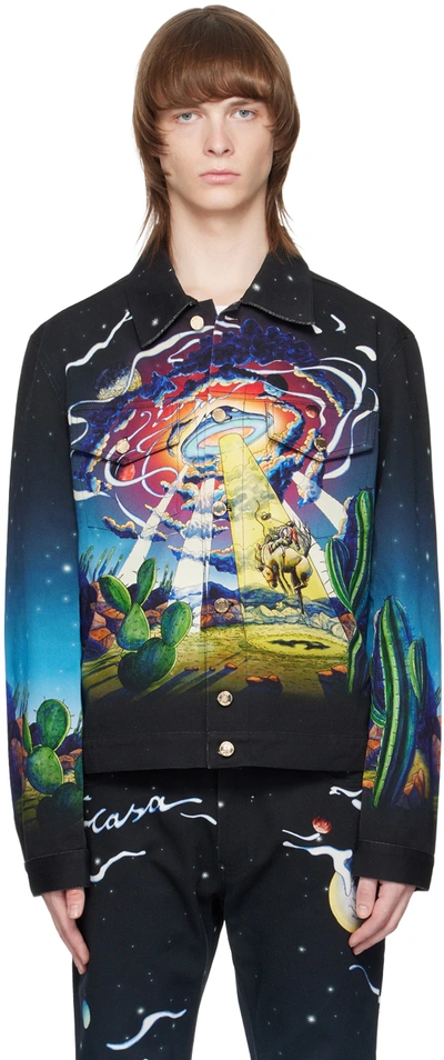 Casablanca Black Long-sleeve Shirt With Graphic Print In Silk Man In Cowboy Dele Space