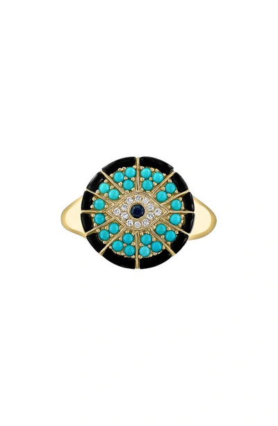 Effy 14k Yellow Gold Turquoise, Sapphire & Diamond Evil Eye Ring In Blue