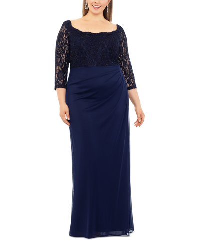 Betsy & Adam Plus Size Beaded Lace Scoop-neck Gown In Navy