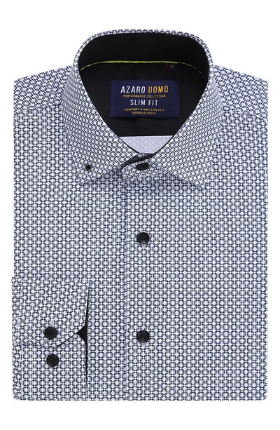 Azaro Uomo Patterned Long Sleeve Performance Button-up Shirt In White Blue